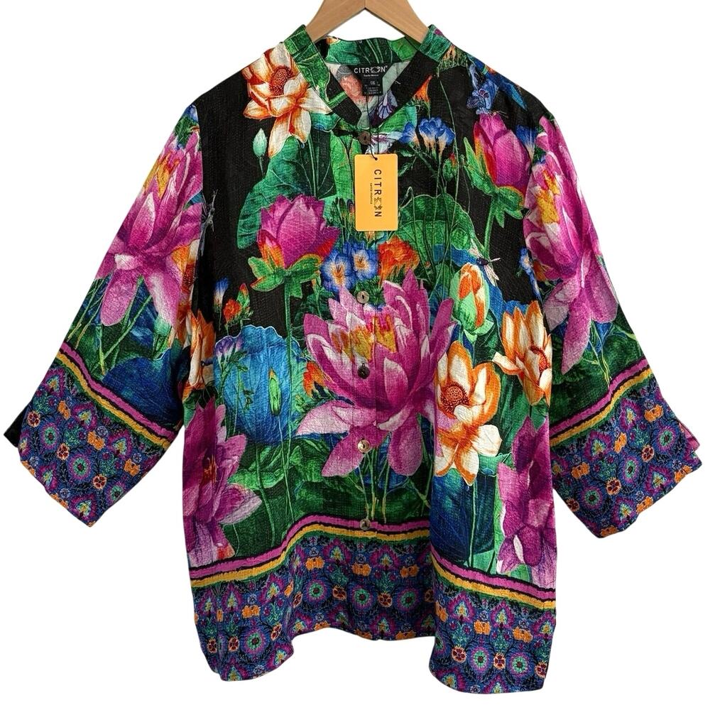 Citron Santa Monica Lotus Citron Style Silk Blouse Size OX / XXL Hawaiian Resort